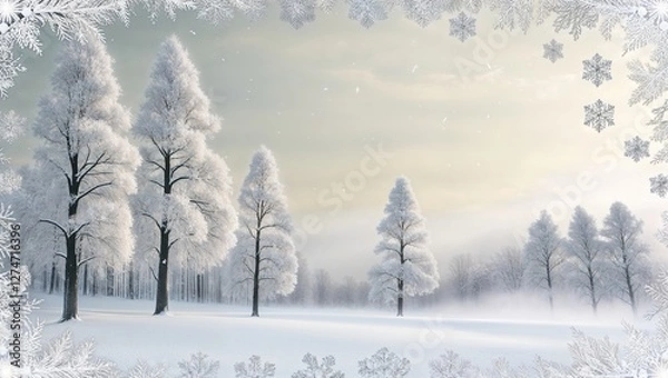 Obraz A tranquil winter scene showcasing tall, snow-laden trees.