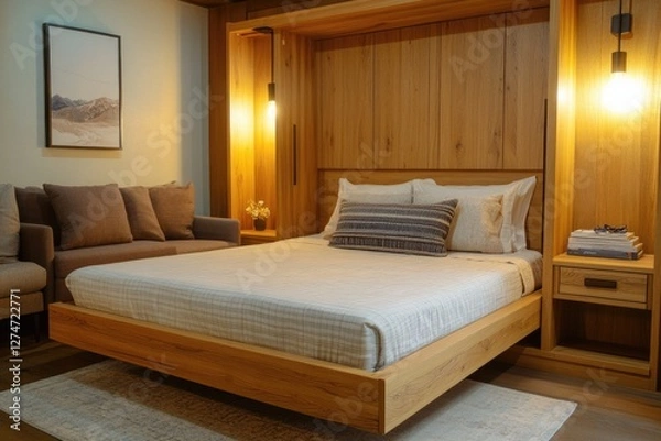 Obraz Modern bed with wood frame, neutral colored linens, large headboard, and dark wooden nightstand.