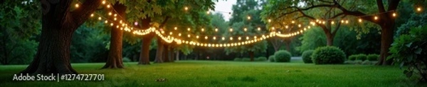 Fototapeta Dappled string lights above a lush green lawn with trees, scenery, evening