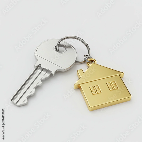 Fototapeta Key with house keyring symbolizing security and access to home or property, Isolated on white background