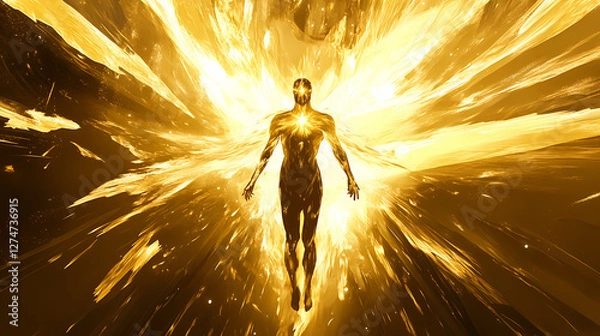 Fototapeta Golden figure radiating light, celestial abstract. Transcendent Light Beings. Illustration