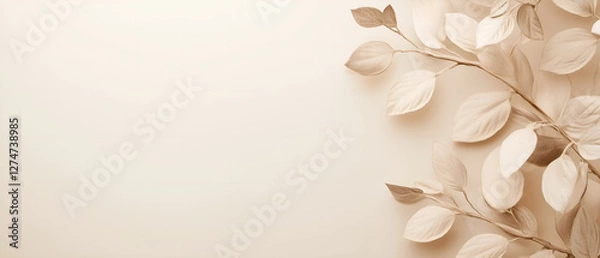 Fototapeta minimalistic, beige, old paper colour background with branch with leaves; one-color creamy elegant spring background; copy space