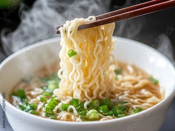 Obraz A bowl of instant noodles with chopsticks, topped with scallions and garnished with spicy peppers.
