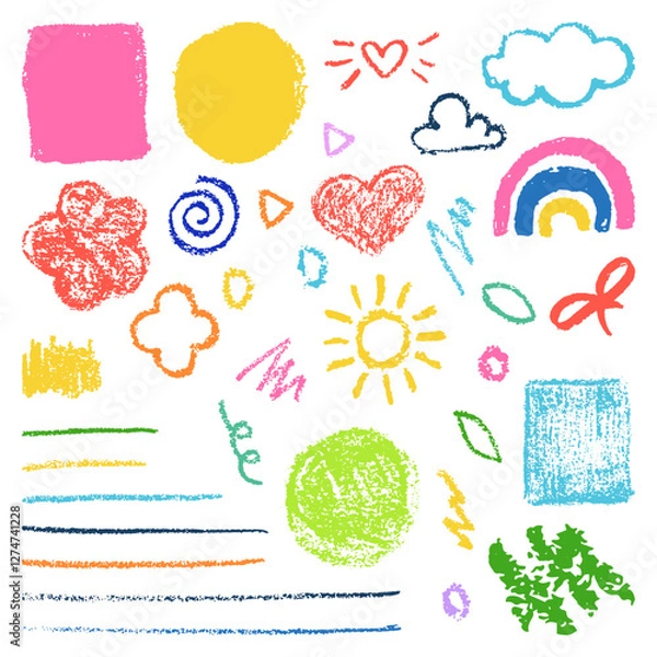 Fototapeta Doodle abstract crayon pencil chalk nature icons. Vector hand drawn scribble multicolor shapes. Graffiti design elements