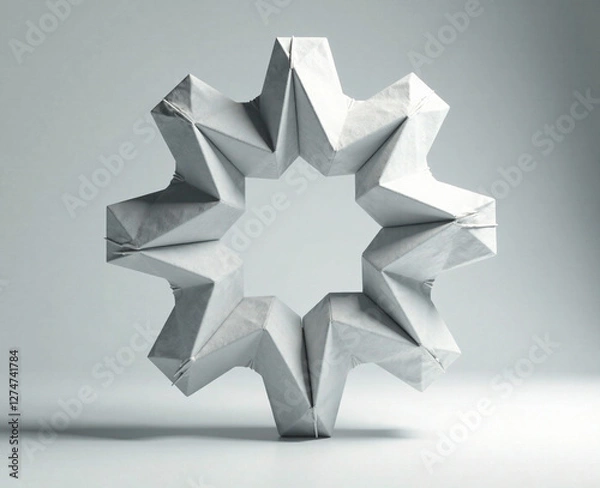 Fototapeta A colossal gear, meticulously crafted from intertwined origami cranes, symbolizing teamwork, perfectly lit against a stark white studio backdrop.