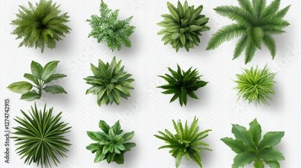 Fototapeta Top view of various green plants and ferns in a grid arrangement