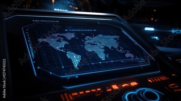 Fototapeta Futuristic digital map displayed on a sleek control panel, showcasing the world in glowing blue lines. Ideal for themes of navigation, exploration, and advanced technology.