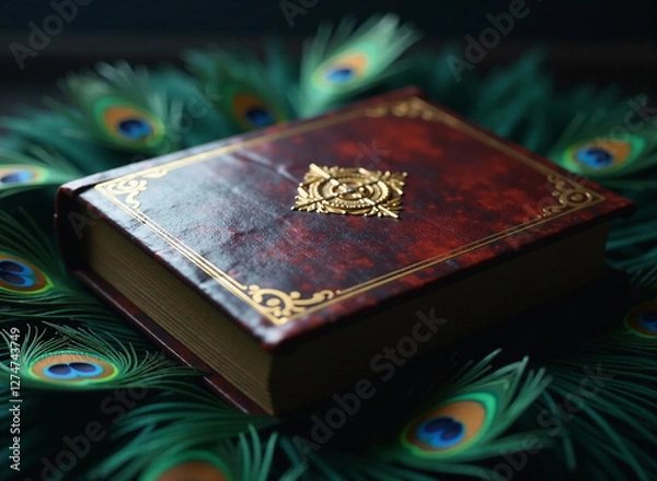 Fototapeta A weathered, leather-bound book resting on a bed of iridescent peacock feathers, bathed in dramatic chiaroscuro lighting. 