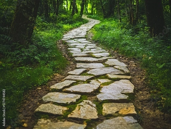 Obraz A winding stone path disappears into the mist of a foggy, early morning forest.