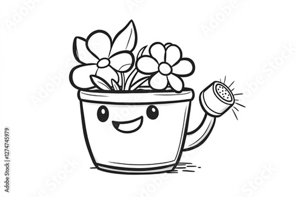 Fototapeta Baby flower pot with a smiling face, holding a small watering can.