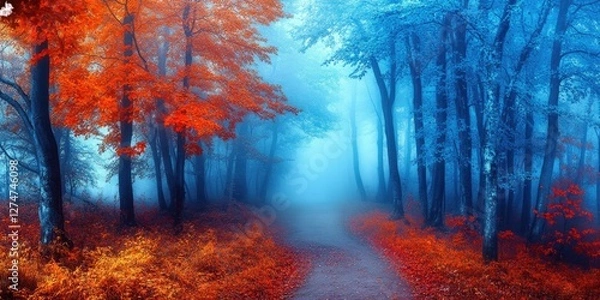 Fototapeta Wooded path with autumn leaves and misty atmosphere.