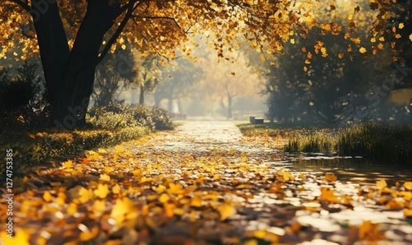 Fototapeta Picturesque autumn park with golden leaves covering the ground, soft sunlight and serene pathways creating a cozy outdoor settin