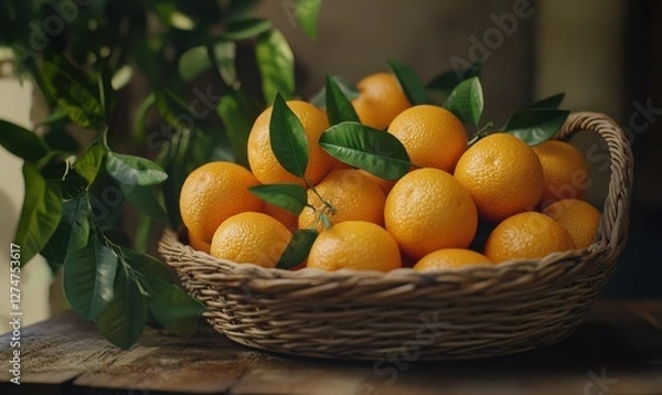 Fototapeta Pile of fresh oranges with green leaves placed in a woven basket on a rustic table, vibrant tones perfect for fruit promotion.