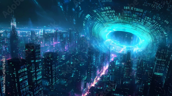 Fototapeta A swirling vortex of binary code erupts into a radiant aurora, illuminating a darkened cityscape with vibrant, electric blues and neon greens. Electric Aurora Vortex. Illustration