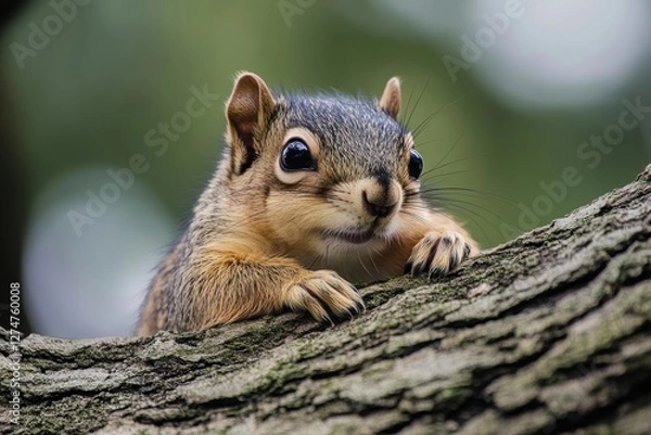 Obraz Squirrel Rests on Tree Branch, Observing Surroundings with Curiosity.