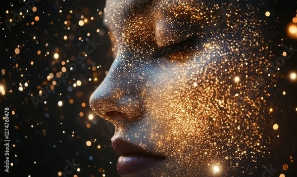 Fototapeta Starry face with glittering cosmic sparkles in serene darkness.
