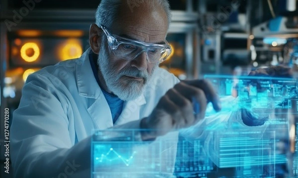 Fototapeta Portrait of a senior scientist analyzing data on a futuristic digital interface, advanced lab equipment glowing in the backgroun