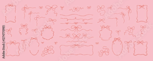 Fototapeta Set of coquette girly bow ribbon frames, dividers, separators, corner borders, tied bows. Cute line doodle sketch vector illustration. Aesthetic trendy minimalist design elements. Filigree drawing