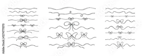 Fototapeta Set of bow ribbon set dividers, text separators, whimsical wavy borders. Hand drawn cute line doodle hand drawn elements. Vintage victorian filigree design elements. Wedding, bachelorette invitation