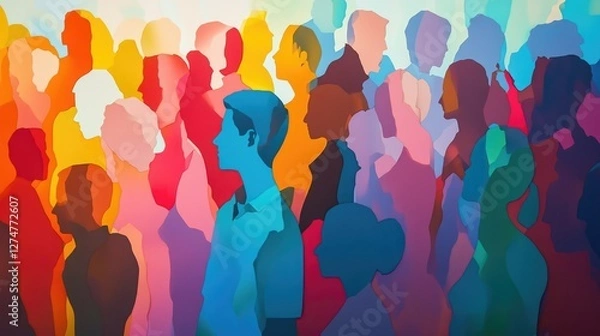 Fototapeta Unity in Color: A vibrant and diverse assembly of silhouettes, celebrating the beauty of unity and the richness of human diversity. This artwork embodies the spirit of inclusion and multiculturalism.