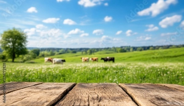 Obraz Blurred Cow Pasture With Wooden Table In Foreground Under Blue Sky