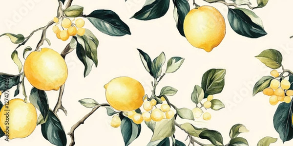 Obraz Lemon fruits tropical summer Vintage seamless vector pattern with watercolor style illustration