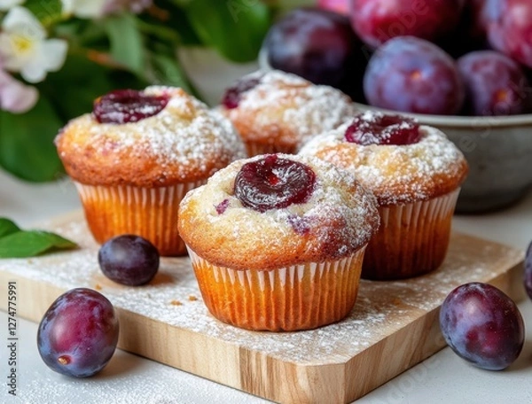 Obraz Freshly Baked Muffins with Plums and Powdered Sugar Topping