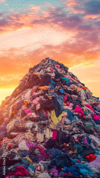 Fototapeta Mountain of used colorful clothes forming a big pile at sunset, representing textile waste and consumerism