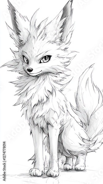 Fototapeta Sketchy fox, sitting, white background, art