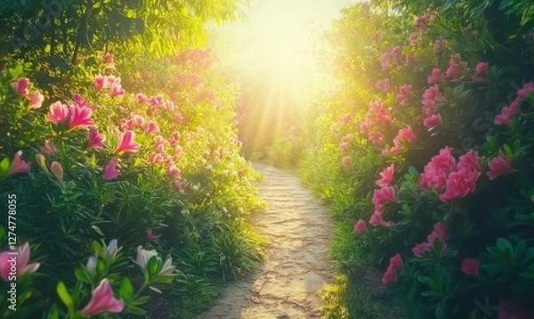 Obraz Scenic nature trail surrounded by vibrant greenery and colorful flowers, soft morning sunlight creating a peaceful atmosphere.