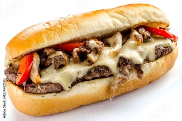 Obraz A philly cheese steak sandwich with slices of red bell pepper isolated on a white background
