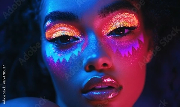 Fototapeta Vibrant makeup portrait with glowing neon eyeshadow, intricate glitter patterns, and radiant skin.