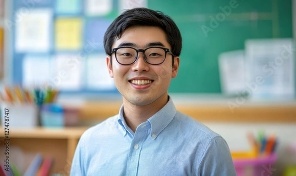Fototapeta Smiling person wearing glasses, standing in cheerful classroom environment.
