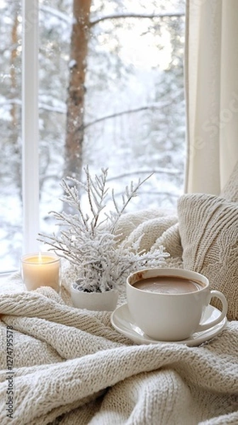 Fototapeta Cozy winter scene hot drink, candle, and snowy view.
