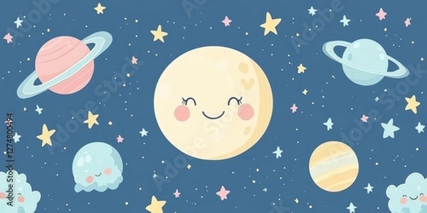 Obraz Cute cartoon moon surrounded by planets and stars