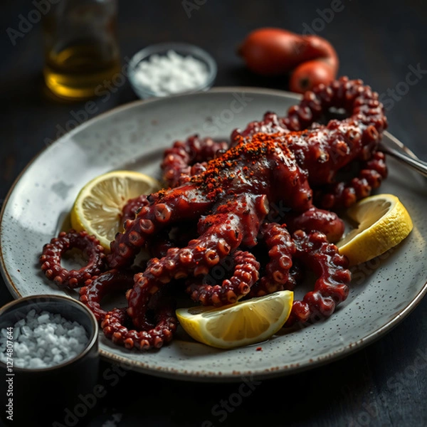 Obraz Grilled Octopus - Tender Seafood with Smoked Paprika, Lemon, Olive Oil & Sea Salt