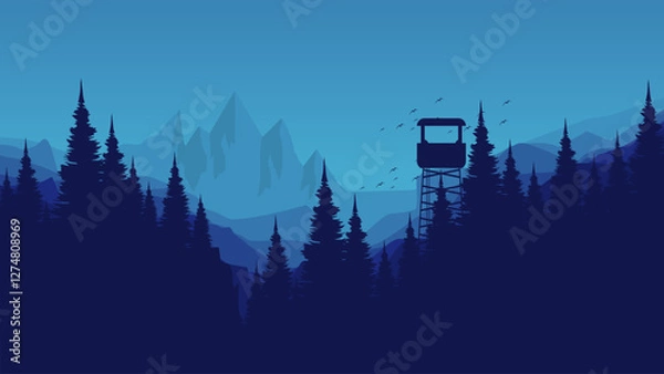 Obraz Mountain landscape with watchtower vector illustration good for web banner, ads banner, tourism banner, wallpaper, background template, and adventure design backdrop