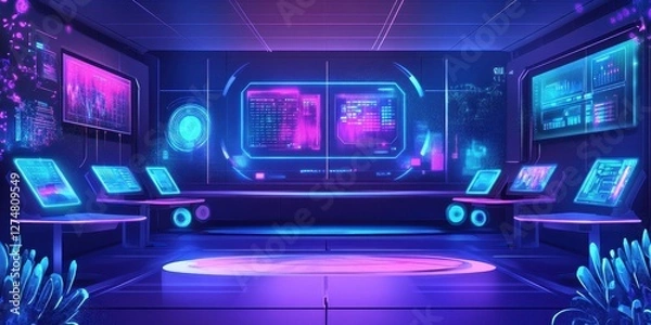 Fototapeta Futuristic control center with glowing screens and advanced technology