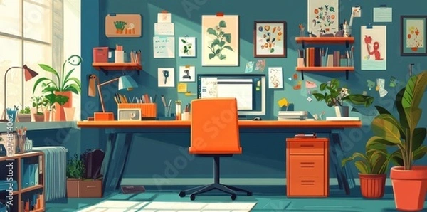 Fototapeta Bright and organized workspace filled with plants and artwork