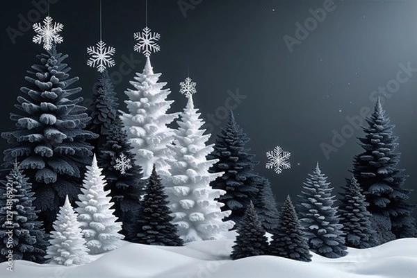 Fototapeta Enchanting Christmas Landscape Featuring Layered Snowflakes in Charcoal to Ice White Gradient