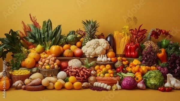 Fototapeta Vibrant display of assorted fresh vegetables and fruits arranged artistically on a yellow backdrop