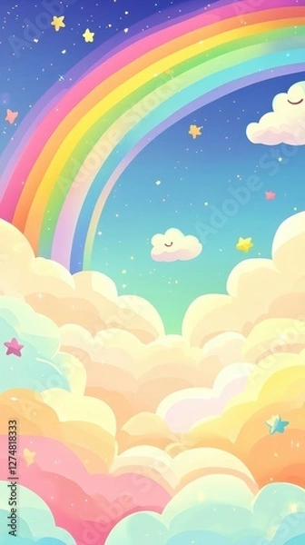 Fototapeta Whimsical illustration features a rainbow and happy clouds in the sky