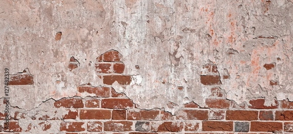 Fototapeta Wreck Red Old Brick Wall With Broken Plaster Background Texture