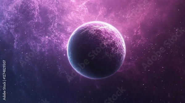 Fototapeta A beautiful purple and blue planet floats in deep space