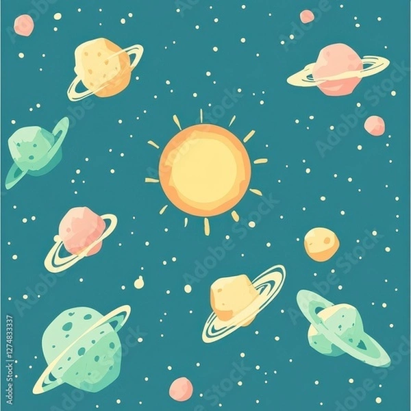 Obraz Cartoon drawing featuring planets sun and many stars