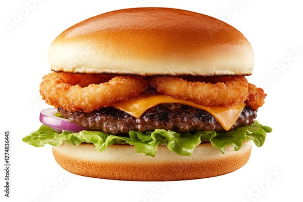 Fototapeta Hamburger with onion rings and cheese, isolated