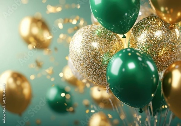 Fototapeta Colorful Party Balloons with Glitter in Green and Gold Background
