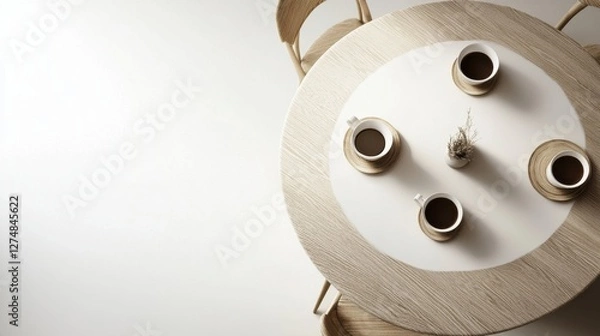 Fototapeta Elegant minimalist coffee setup on round table with chairs