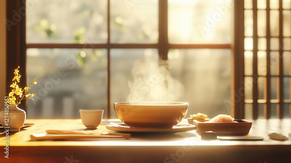 Fototapeta 日本の発酵食品が並ぶ和の食卓、納豆、漬物、味噌汁が織りなす伝統の味