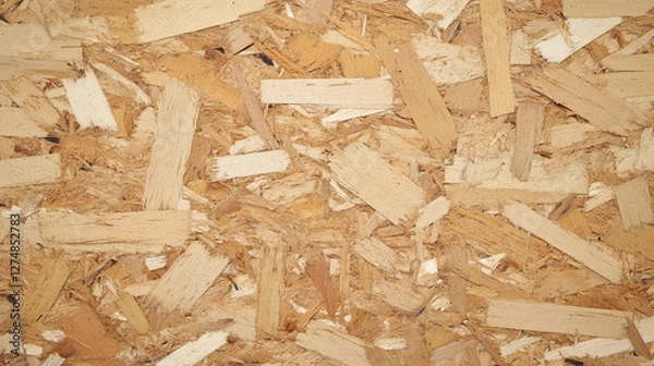 Fototapeta textured wood OSB board sheet surface, symbolizing modernity and chaos. The compressed wooden chipboard and plywood panel create a dynamic, blurred background with empty space
